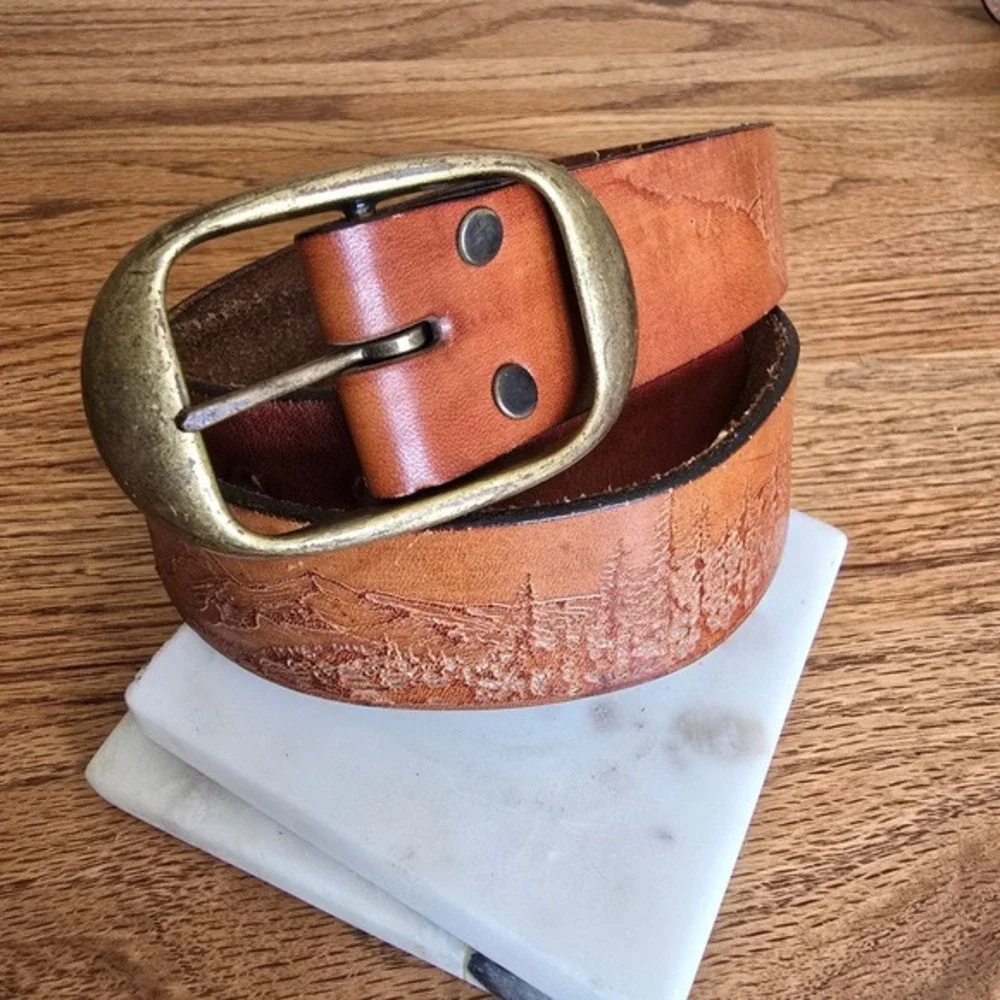 Vintage Tooled Leather Nature‎ Scene Belt Tan Tree Sun Embossed Brass Buckle